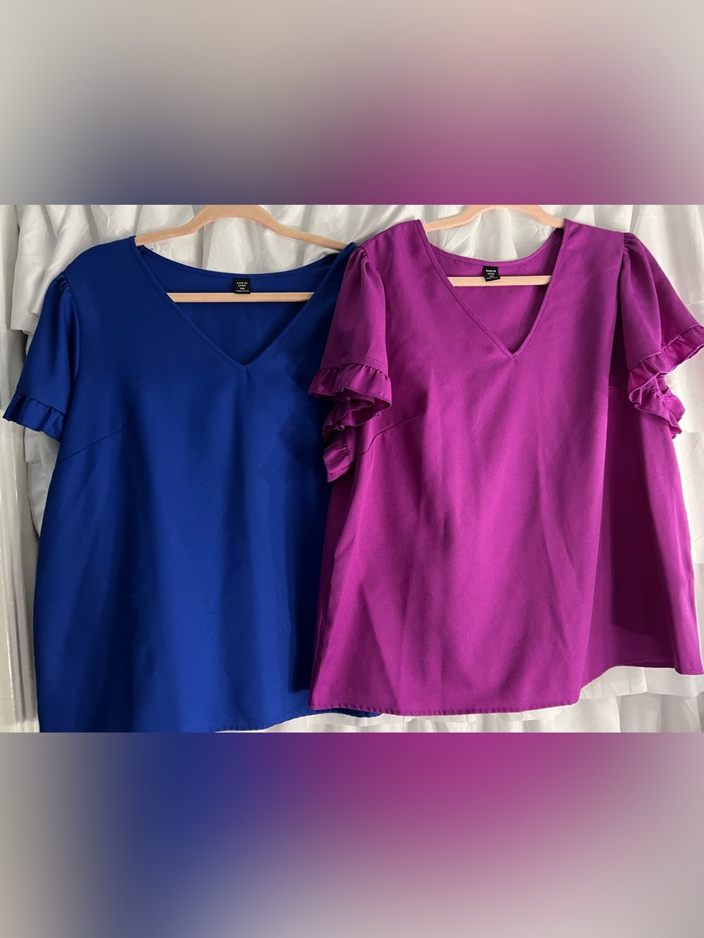 Set of 2 SHEIN V-Neck Ruffle Sleeve Top - Blue and Purple  -  1XL
